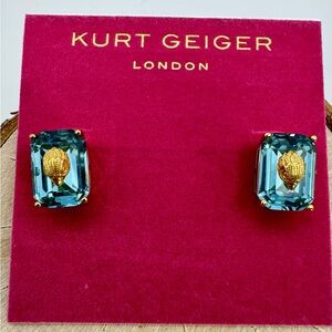 Kurt Geiger Signature Stone Stud Earrings Gold Tone with Light Blue Stone